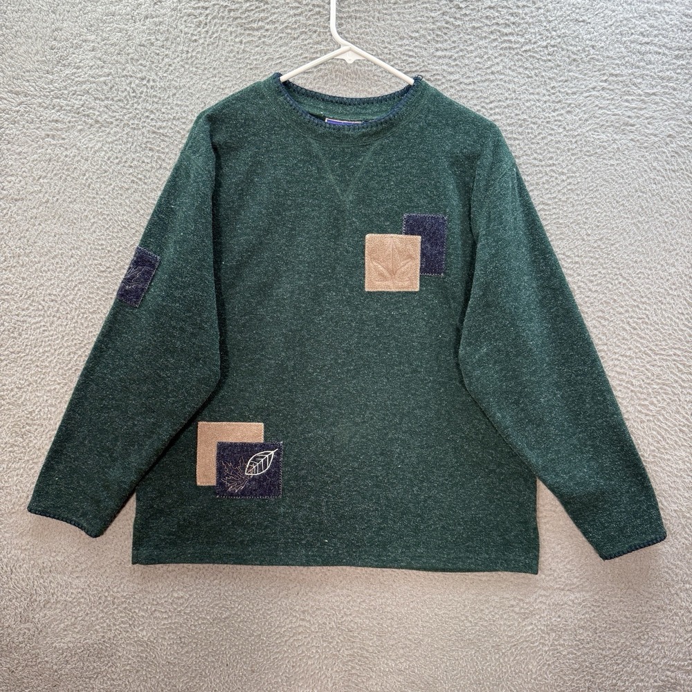 Vintage Northcrest Sweater Womens Large Green Tan Terry‎ Cloth Nature 1990s Y2K